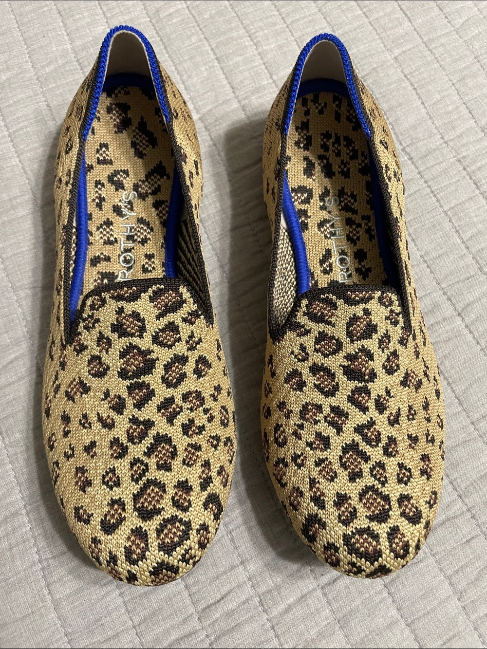 Rothy's Flats Round Toe Leopard Knit Slip-On Blue Trim Size 6 Lightweight Casual